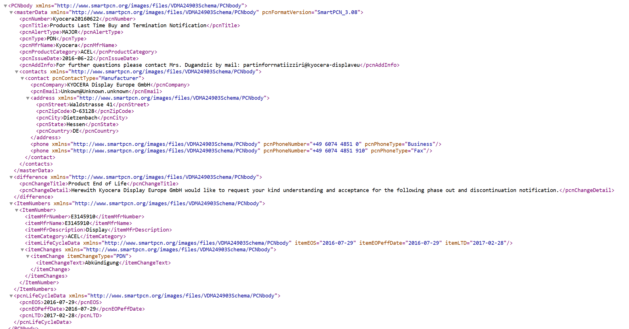 XML Kyocera smartPCN example showing clean, structured XML format ready for ERP integration
